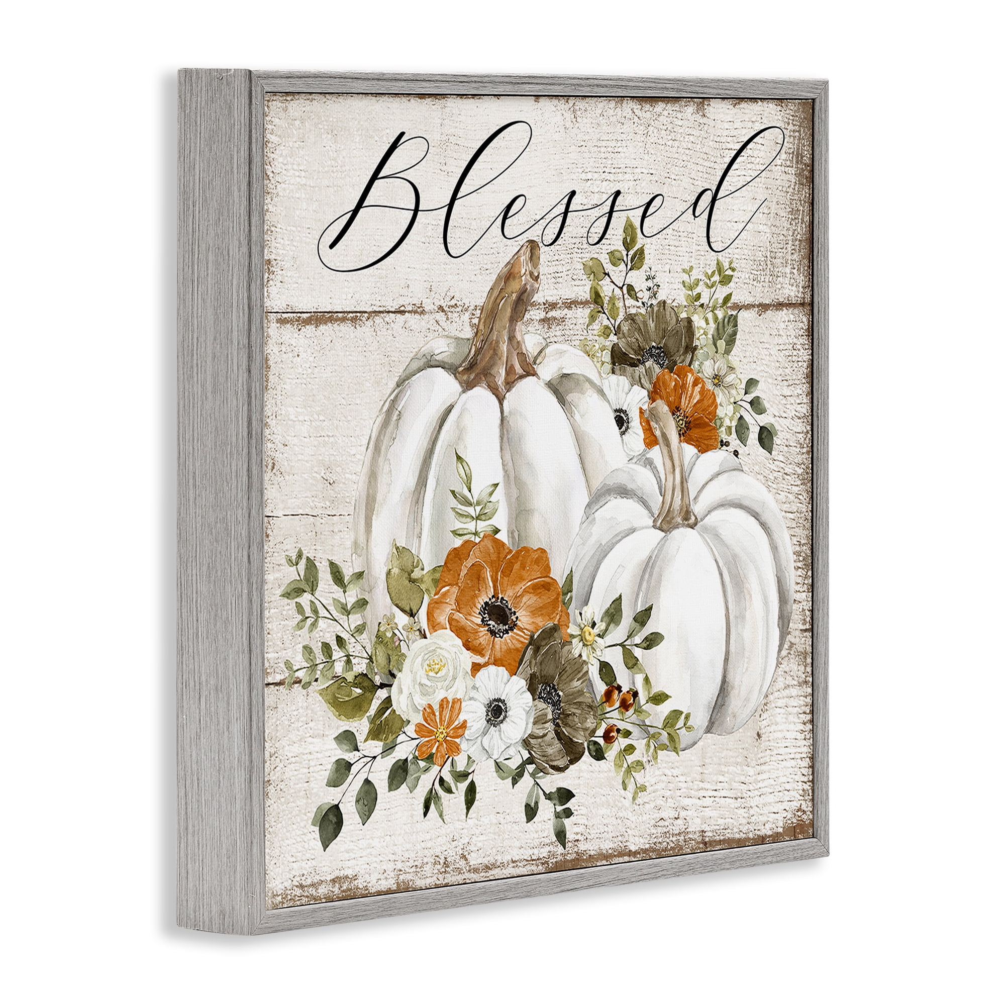 Stupell Industries Blessed Floral Pumpkin Holiday Painting Gray Framed Art Prints Wall Art, 12 x 12