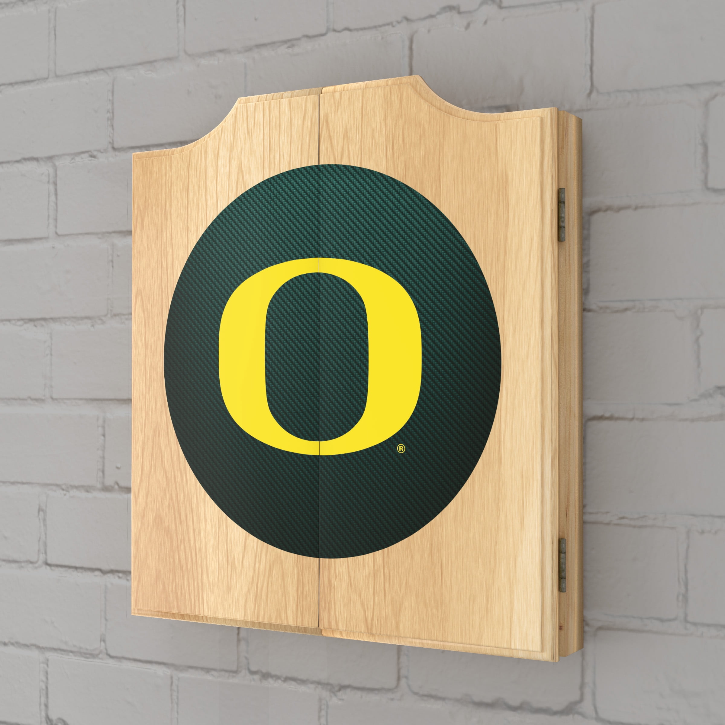 University of Oregon Carbon Fiber Dart Board Cabinet Set with 6 Steel Tip Darts