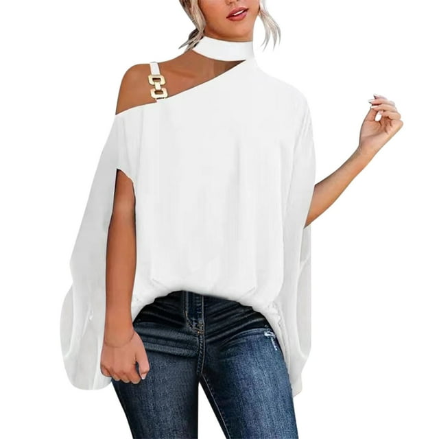 Women's Blouses Leisure Shirts Solid Colo Button Strap Cold Shoulder Irregular Short Sleeve Ladies Shirt