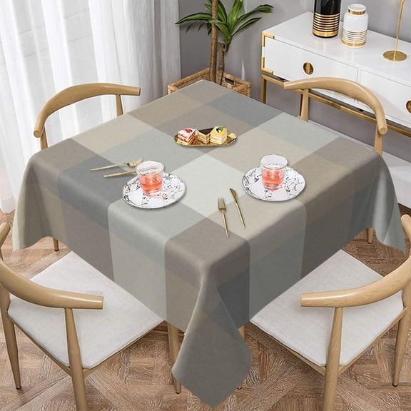 Tan, Gray, and Ivory Plaid 100% Polyester Fiber Square Tablecloth Anti Pilling Tablecloth Decoration 52"X52"
