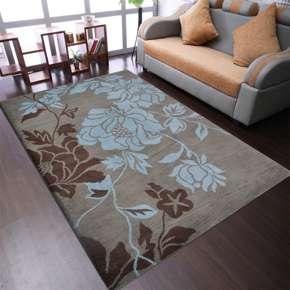 Rugsotic Carpets Hand Tufted Wool Eco-Friendly 3'x5' Area Rugs Rectangle Gray Blue Floral Modern High Pile Thick Handmade Anti Skid Indoor Rug for Living Room, Bedroom K00514