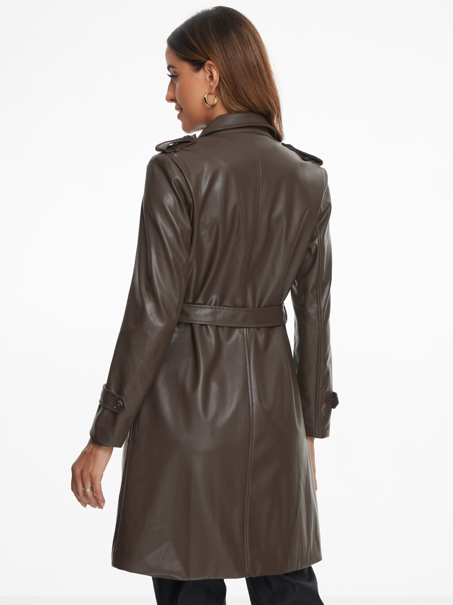 DARING DIVA Women's Lapel Zip Front Faux Leather Long Jacket M Coffee