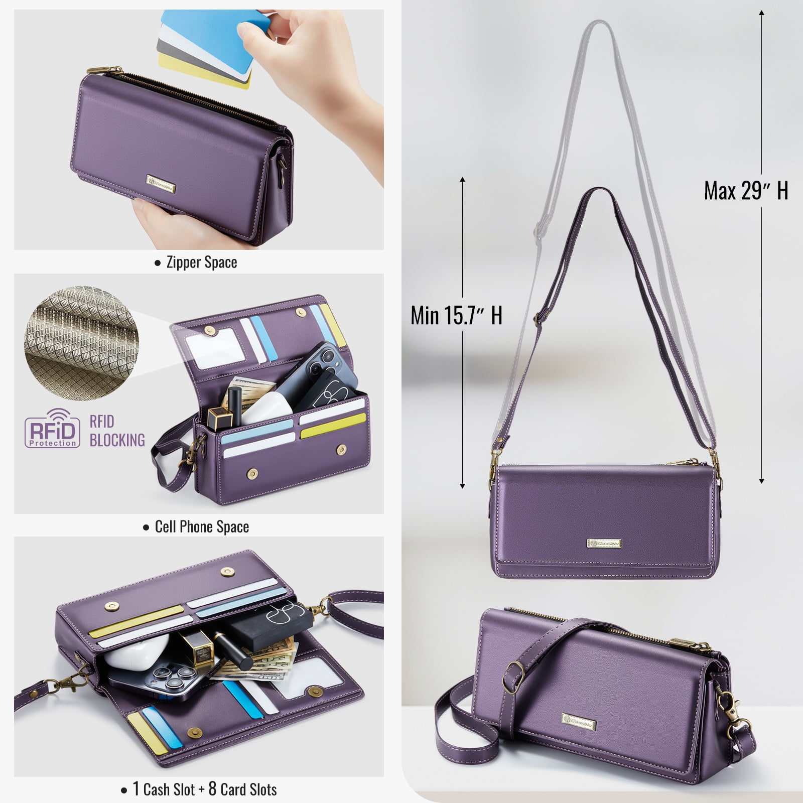 Fashion Small Crossbody Bag for Women,Cell Phone Purse Women's Shoulder Handbags Wallet Purse with RFID Blocking Credit Card Slots Zip Small Crossbody Bag Wrist strap/Shoulder strap - Purple