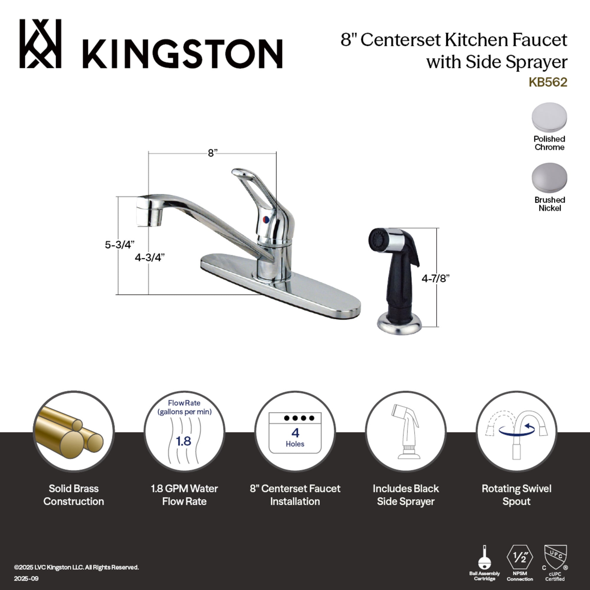 Kingston KB562 Wyndham One-Handle 4-Hole 8" Centerset Kitchen Faucet with Side Sprayer in Polished Chrome