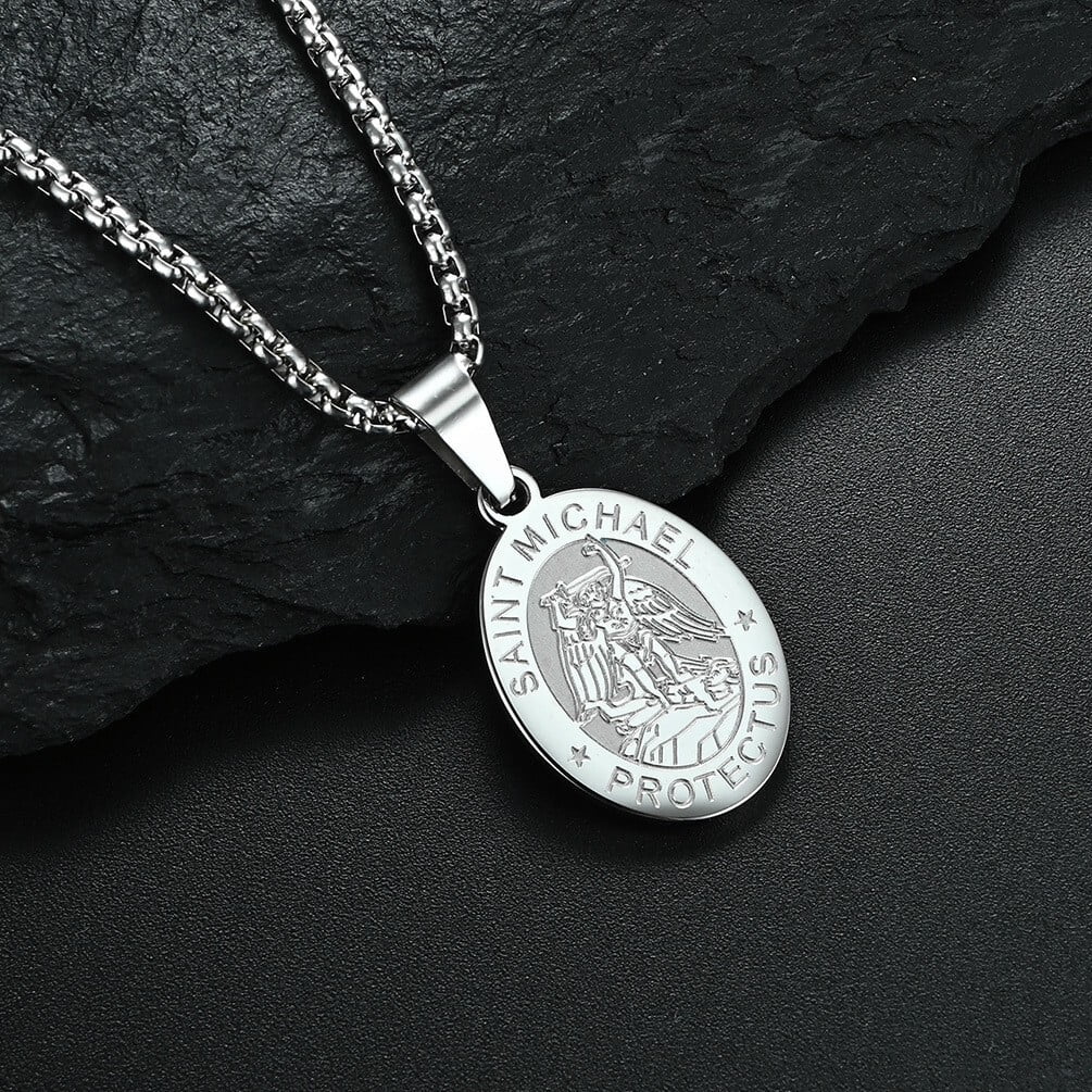 Raymard Saint St Michael Pendant Necklace Men Titanium Steel Religious Christian Gift Archangel Amulet Exorcism Protection 24 Inch Rolo Chain