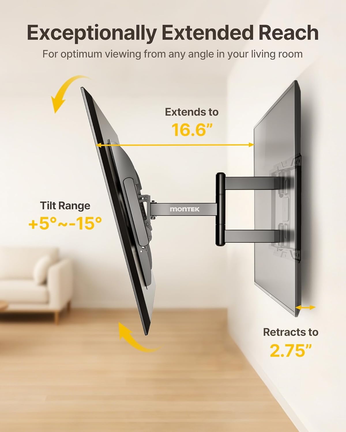 monTEK Full Motion TV Wall Mount for 37-84 inch TVs, Articulating TV Bracket, Tilt & Swivel, Max VESA 600x400mm, Holds 110 lbs