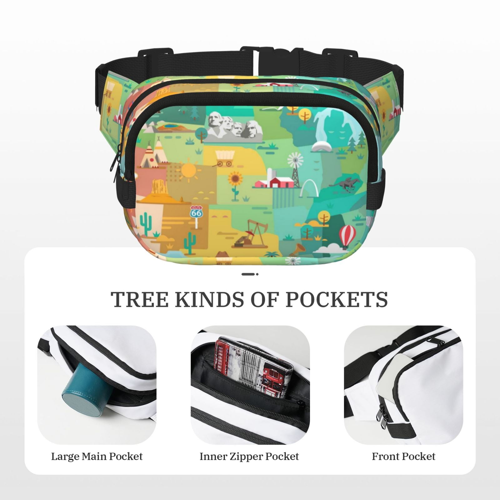 Hirioo USA Tourist Map for Double Layer Waist Bag Adjustable Fanny Pack For Travel Running Hiking
