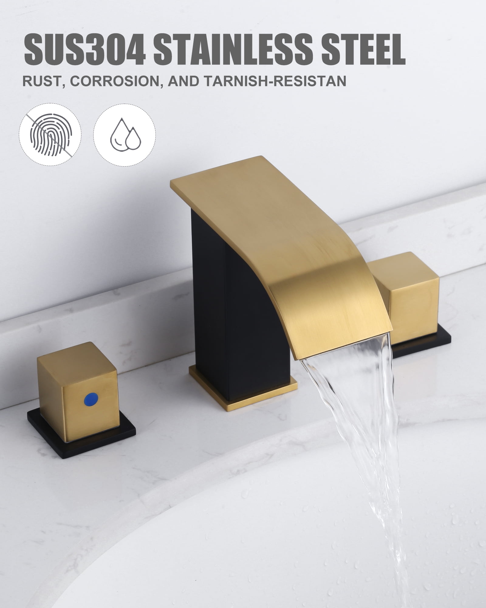Wowow 8 in. Widespread Double Switch Waterfall Bathroom Faucet with Pop-up Drain in Black and Gold