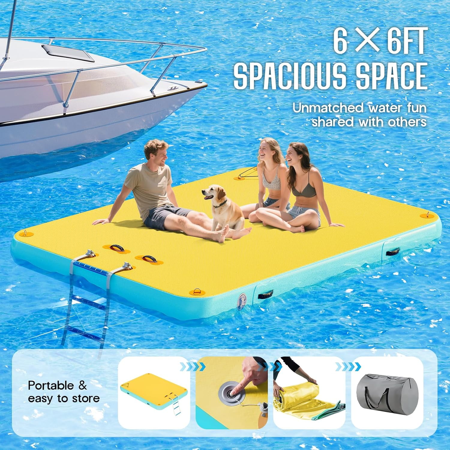 Jocisland 8x6 ft Inflatable Floating Dock with Non-Slip Surface, Detachable Ladder, Multi-Person Swim Platform for Pool, Beach, Ocean, Yellow+Mint Green