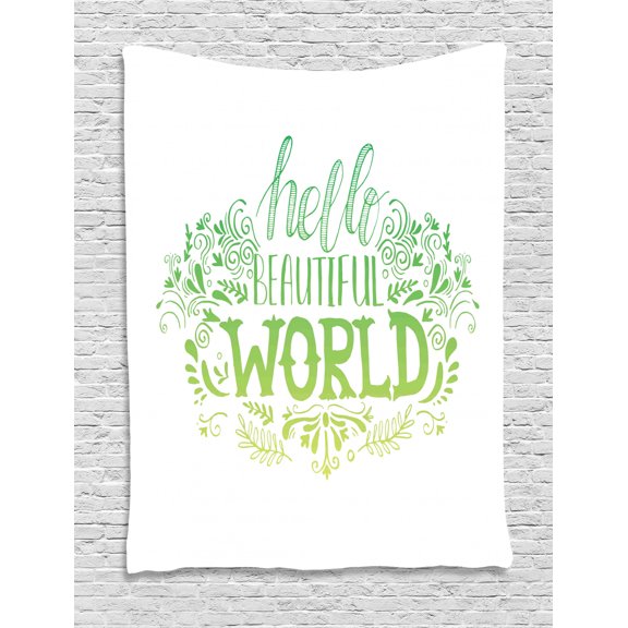 Calligraphy Tapestry, Hello World Words Inspirational Calligraphy with Herbs Natural Artwork, Wall Hanging for Bedroom Living Room Dorm Decor, 40W X 60L Inches, Green and White, by Ambesonne