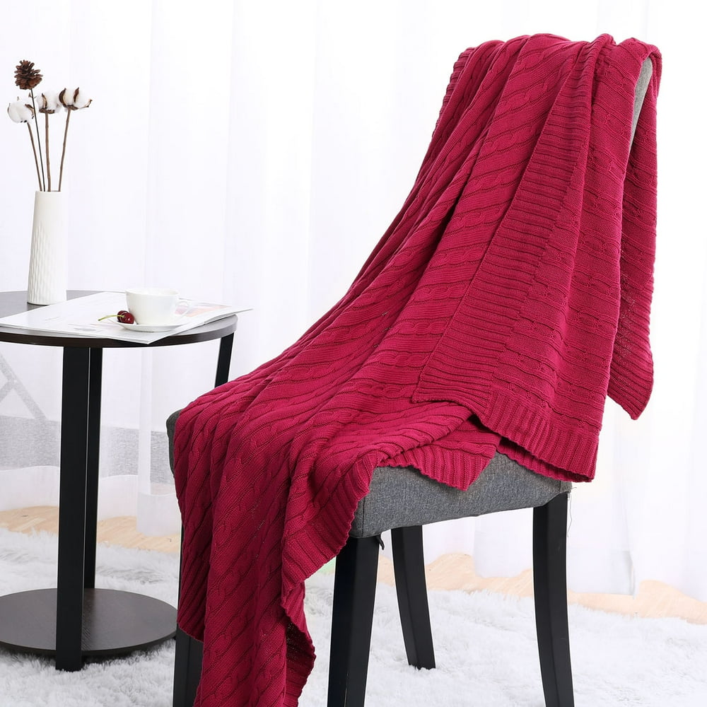 Soft Warm 100 Cotton Cable Knitted Throw For Couch Throw Blanket ,Red