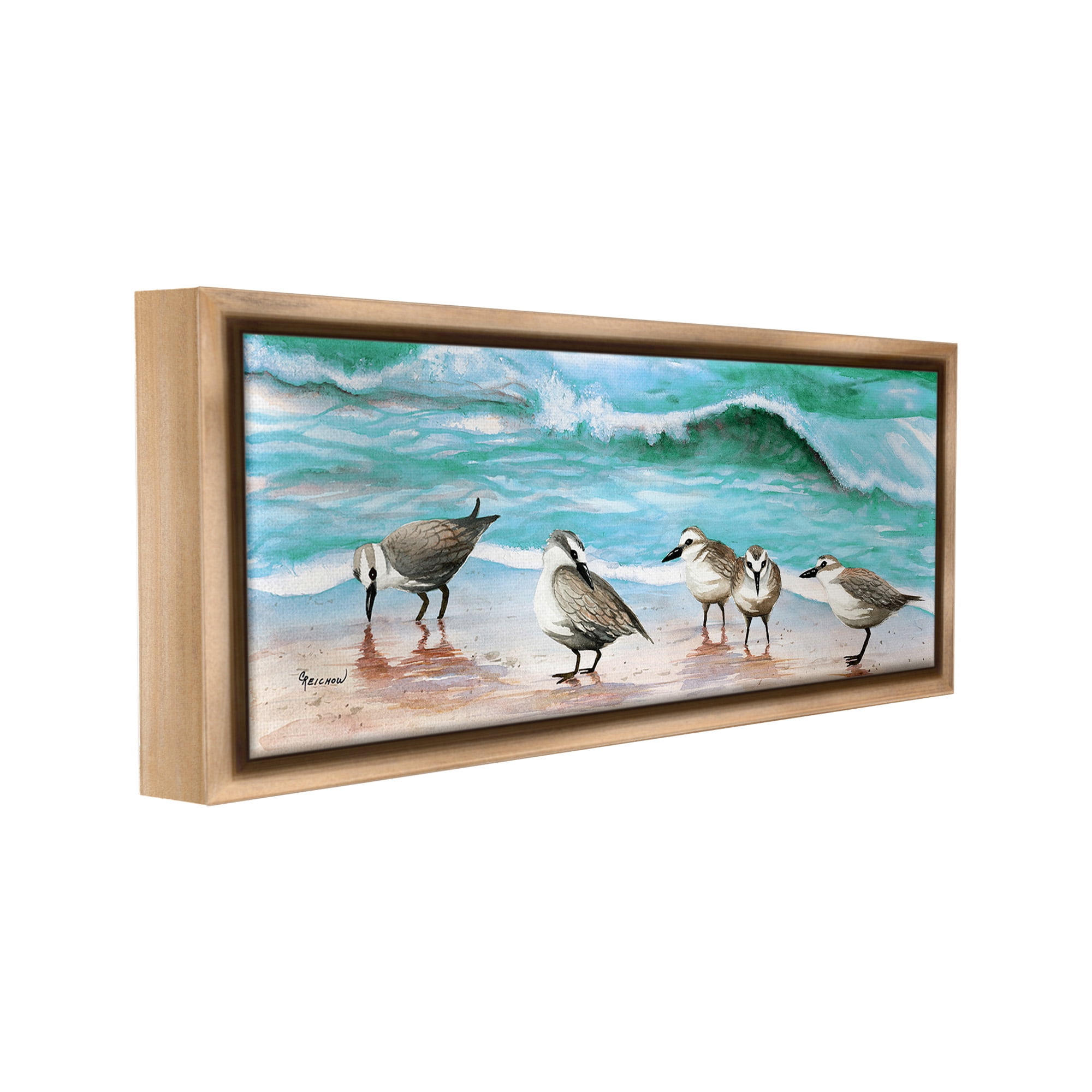 Stupell Industries Sandpipers Along Beach Shore Animals & Insects Painting Brown Floater Framed Canvas Art Print Wall Art, 31 x 14