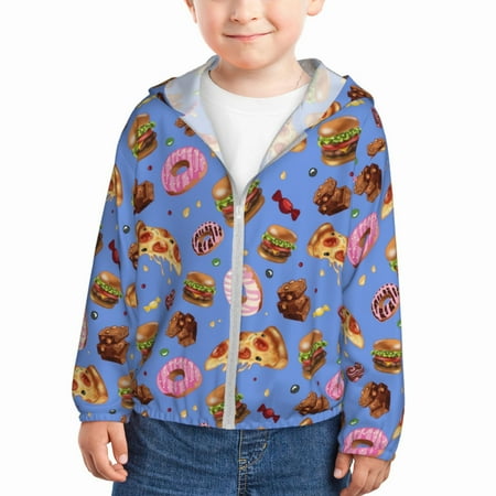 

Qekee Fastfoods Print UPF 50+ Kids Sun-Protective Hooded Long Sleeve Rash Guard for Fishing Water Beach Sports -5 Years