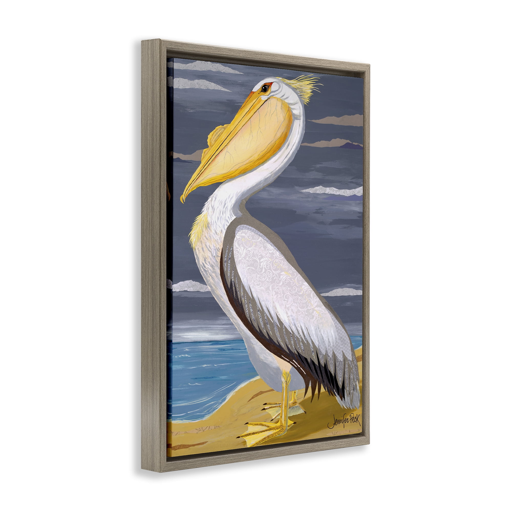 Stupell Industries White Pelican on Shore Animals & Insects Painting Brown Floater Framed Canvas Art Print Wall Art, 21 x 31