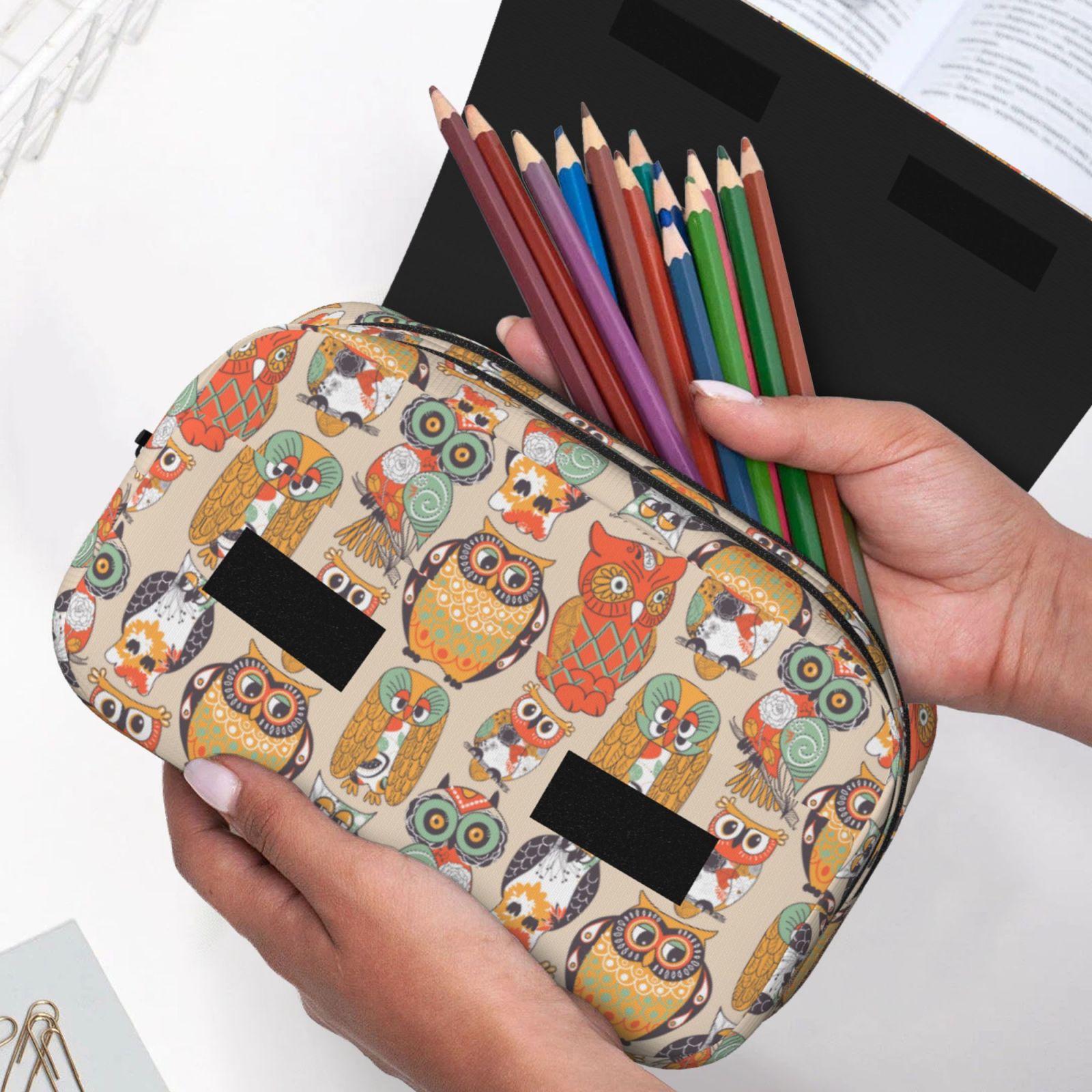 Rateoe Colorful Owls Pattern Double Clamshell Pen Case, Storage Organizer with Two Zipper Compartments– Holds Up to 50 Pencils & Pens