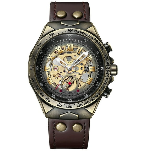 EXPLOJOY Fashion Retro Bronze Automatic Mechanical Watch Men Waterproof Luminous Skeleton Wristwatches