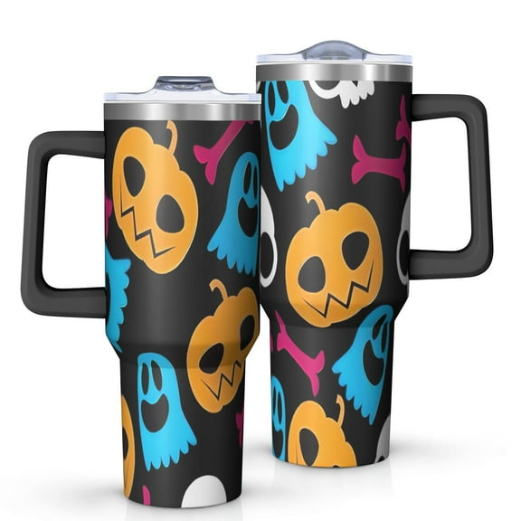 Halloween Colorful Spooky Elements Tumbler with Handle and Lid,40oz Double Wall Vacuum Insulated Tumbler,Cups Gift for Women and Men
