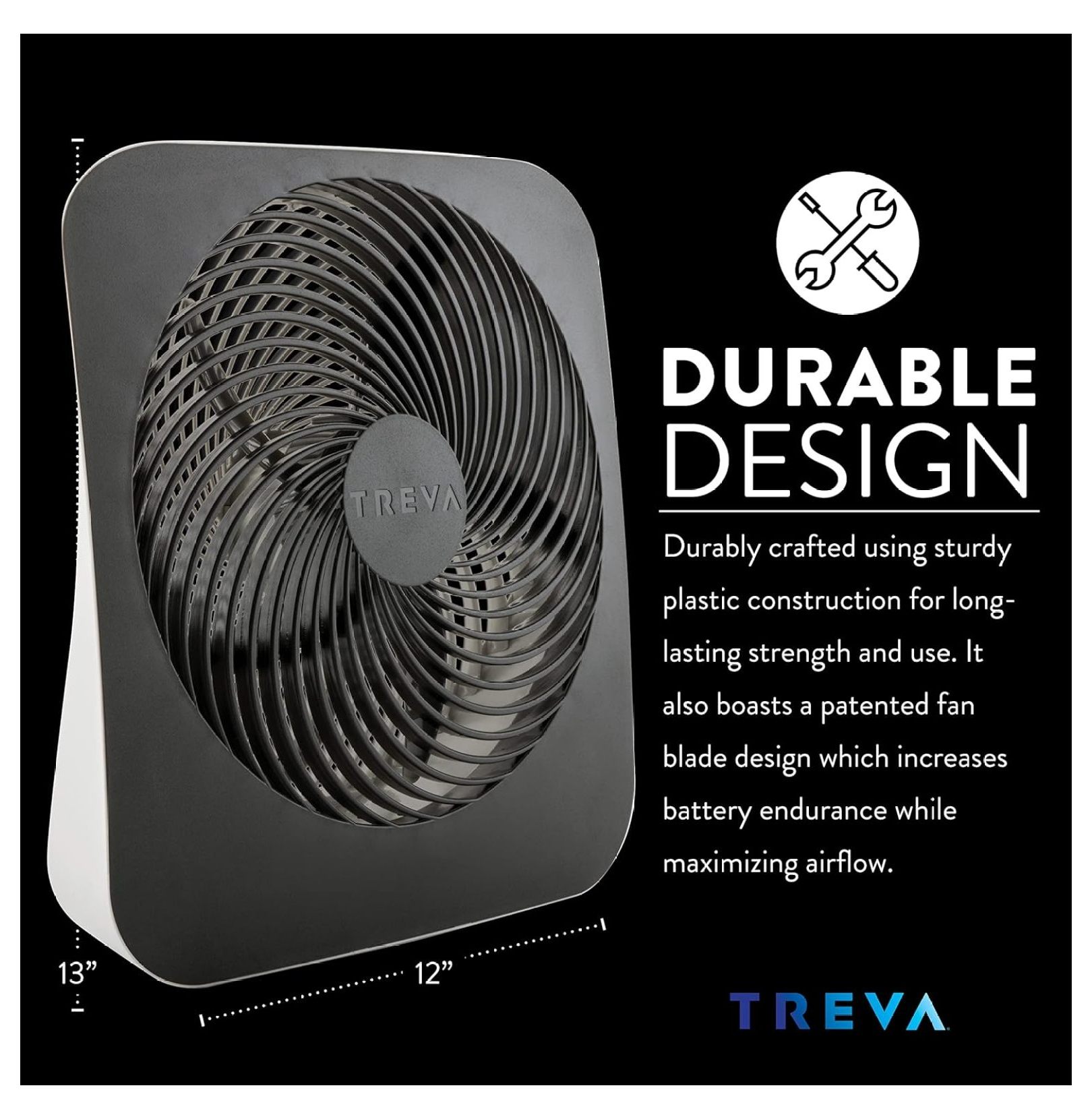 Treva 10-Inch Portable Desk Battery Fan, Powered by Battery and/or Adapter - Air Circulating with 2 Cooling Speeds, With Built In USB Charging Port
