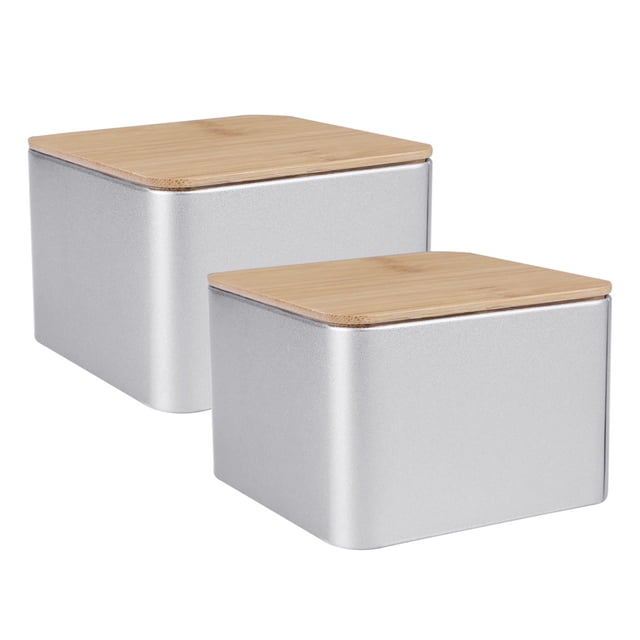 Shisuyan 2Pcs Tinplate Can Creative Universal Packaging Box Tinplate Tea Box Multi-functional Storage Container with Bamboo Cover for Tea Cupcakes Cookies Business Cards- Size S