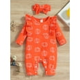 thumbnail image 2 of 2Pcs Baby Girl Halloween Outfit, Pumpkin Print Ruffle Long Sleeve Jumpsuit + Hairband Set for Infants, 2 of 9