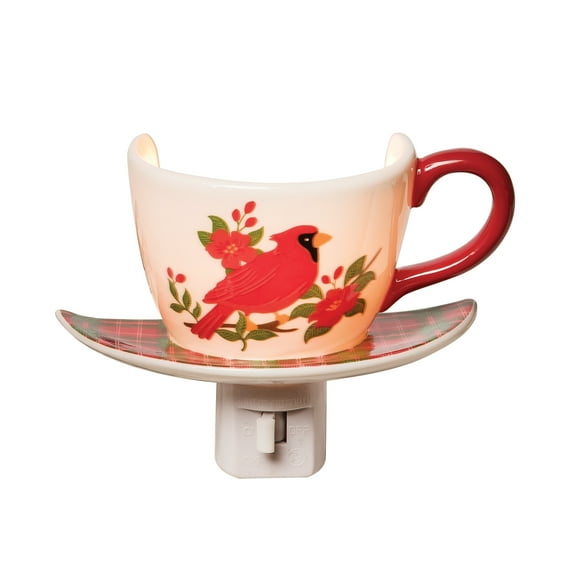 Christmas Cardinal Bird Plug-In Teacup Night Light w/ Switch