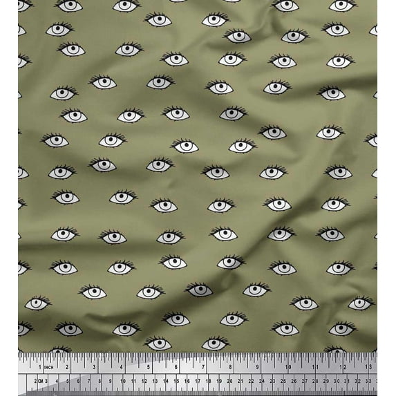 Soimoi Green Rayon Crepe Fabric Eyes Face Print Fabric by the Yard 46 Inch Wide
