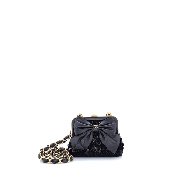 Pre-Owned Bow Frame Clutch With Chain Sequin Embellished Tweed with Leather Mini By Rebag