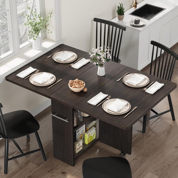 GAOMON Space-Saving Folding Dining Table with Drop Leaf & 2-Tier Storage, Expandable Farmhouse Table for Kitchen, Dining Room, or Small Spaces, Dark Walnut