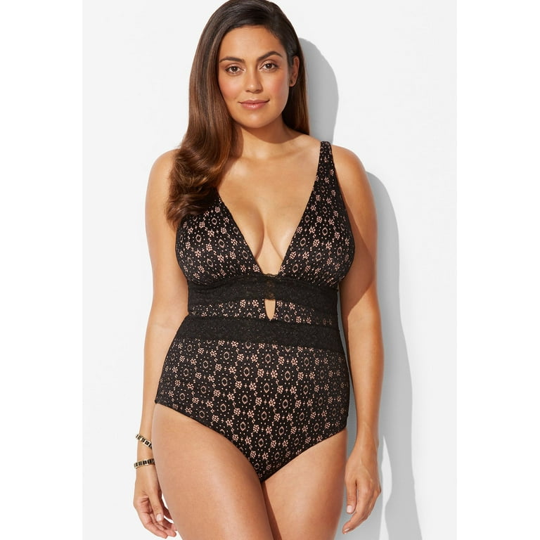 Swimsuits For All Women s Plus Size Lace Plunge One Piece Swimsuit 8 Black Lace