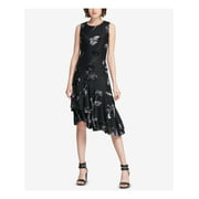 DKNY Womens Black Floral Asymmetrical Sleeveless Jewel Neck Knee Length A-Line Dress  Size: 12