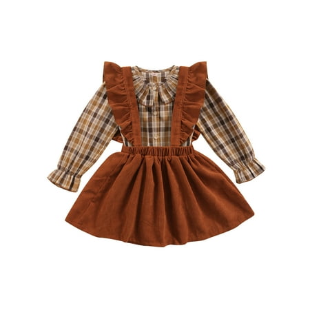 

Toddler Baby Girl Long Sleeve Plaid Print Shirt Corduroy Ruffle Suspender Skirts Fall Winter Outfit