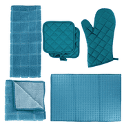 Kitchen Towel Set - Includes: 2 Quilted Pot Holders, Oven Mitt, Dish Towel, Dish Drying Mat, 2 Microfiber Scrubbing ( Teal )