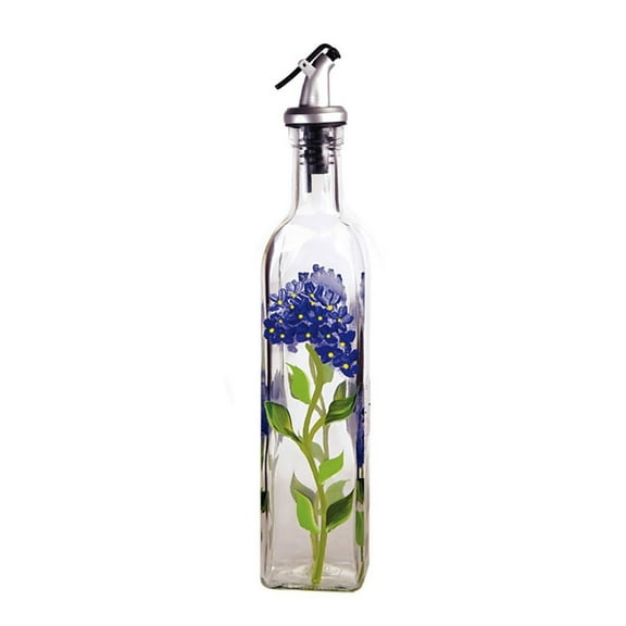 Grant Howard Hand-Painted Square Glass Cruet with Pourer – 16 oz, Blue Hydrangeas