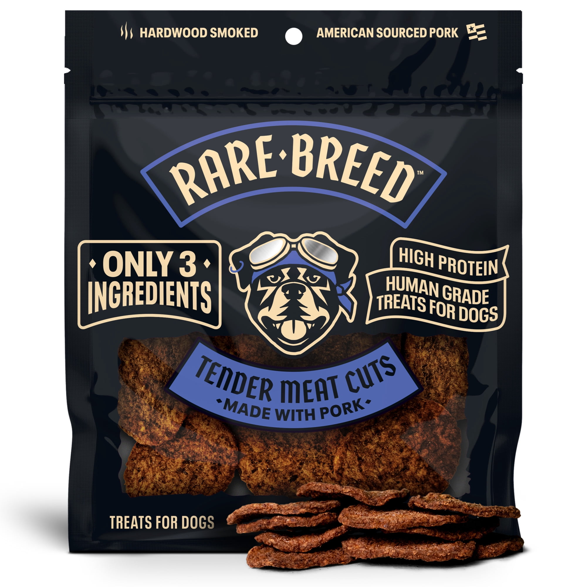 (7 pack) Rare Breed Dog Treats, Tender Meat Cuts Made with Pork, 3 Ingredients, Human Grade, 4.5 Ounce packs, for All Sized Dogs