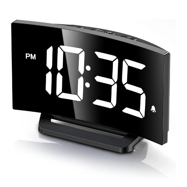 Reloj despertador digital para dormitorio, reloj digital de diseño curvo moderno, dígitos LED blancos visibles, 5 niveles de brillo + apagado, 2 volúmenes, 3 tonos de alarma, memoria de apagado, 12/24 horas 1 pieza JM