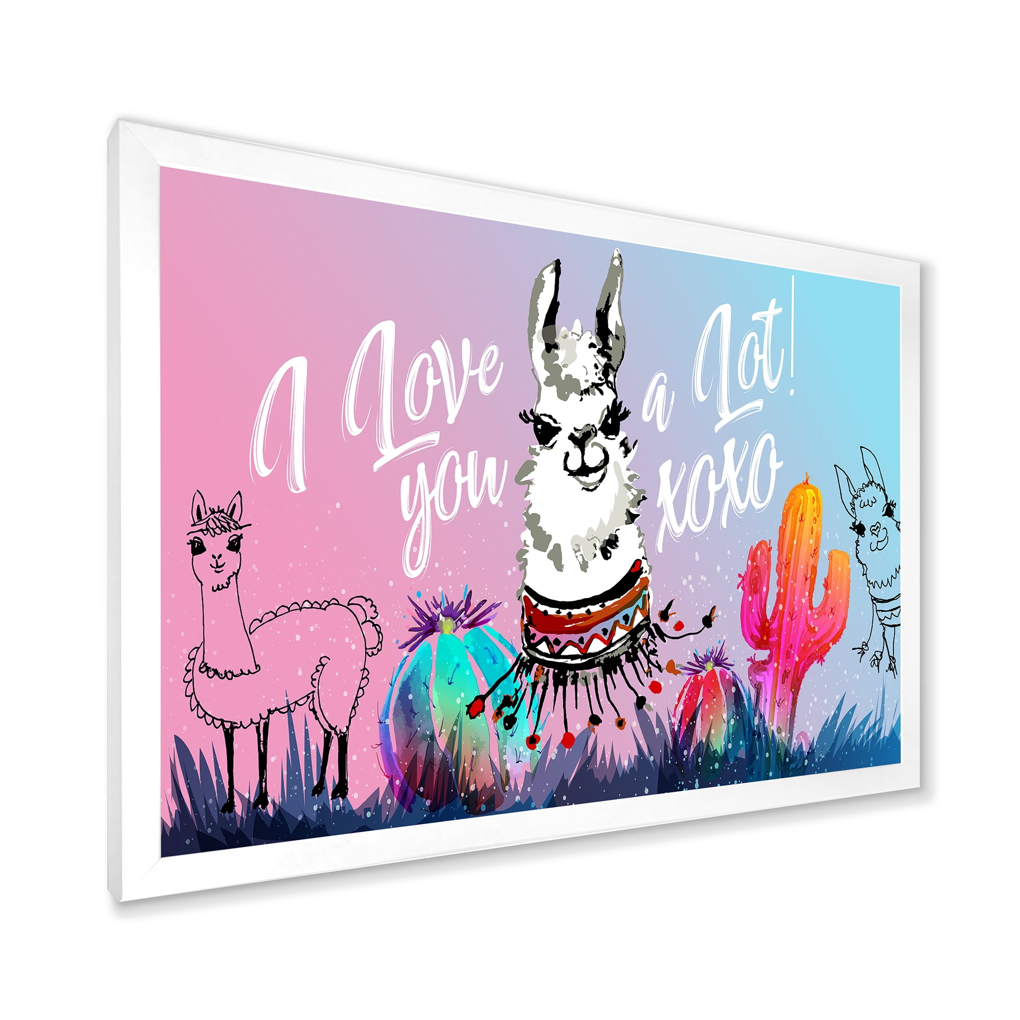 Designart 'I Love You A Lot Llama Alpaca Cartoon Portrait' Children's Art Framed Art Print
