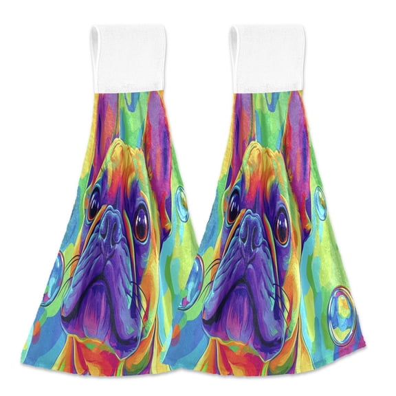 BZSMCE Hanging Hand Towels Fashion Colorful Dog Pianting Pattern 2-Pack - Velcro Style Bathroom Kitchen Towels