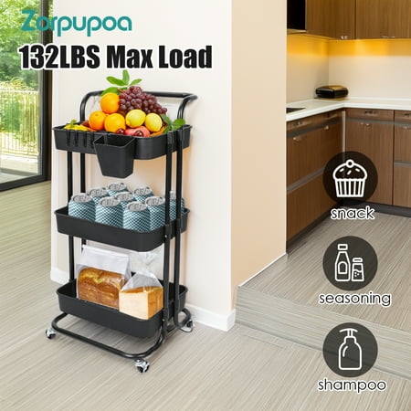 Zorpupoa 1Pc 3 Tier Rolling Utility Cart for Kitchen Movable Storage Organizer with Mesh Baskets Lockable Wheels 360 Degree Rotatable Hanging Box Hooks Bedroom Bathroom