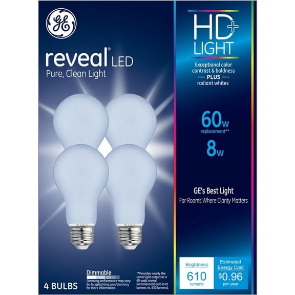 GE Reveal HD LED Light Bulbs, Clean White Frosted, 8-Watts, 610 Lumens, 4-Pk.