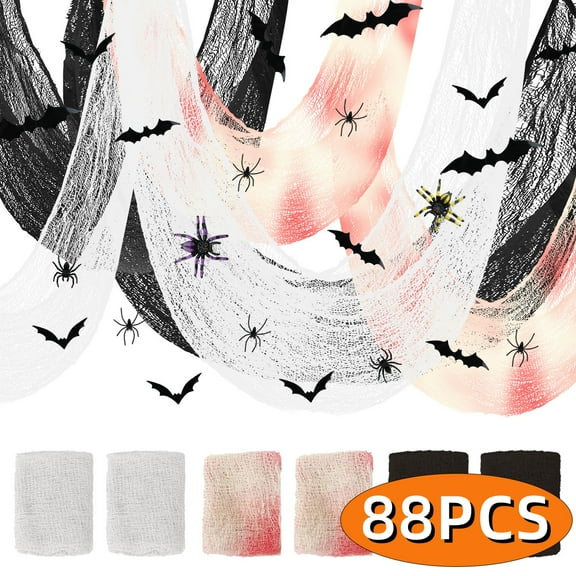 Halloween Creepy Cloth Halloween Gauz Scary Decoration with Bats Spiders Fabric Hanging Spooky Stuff for Indoor Outdoor Home Wall Haunted House Party Supplies 88Pcs Set 1