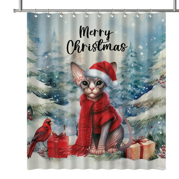Merry Christmas Sphynx Enjoys Catmas Winter Xmas Holiday Shower Curtain Cat Lover Kitten Owner Gifts Idea Waterproof Bathroom Bathtub Curtain - 02022