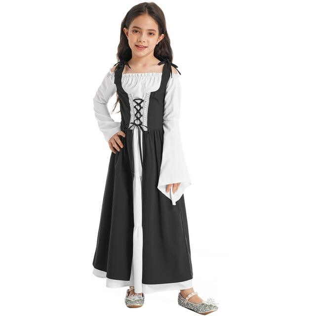 YiZYiF Enfants Filles Costume de Princesse Médiévale Robe de Fête de la Renaissance Gothique à Épaules Dénudées Longue Robe Noire 8
