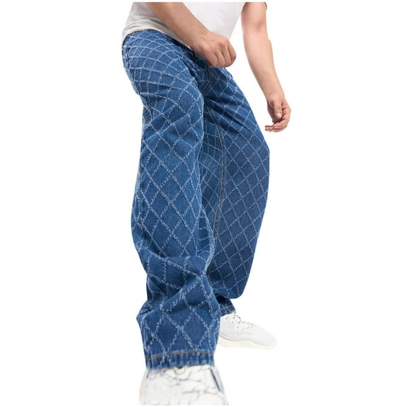 WXLWZYWL Denim Pants for Men Mid Waist Baggy Hippie Wide Leg Straight Jean Pants Patchwork Jeans Trousers with Pockets