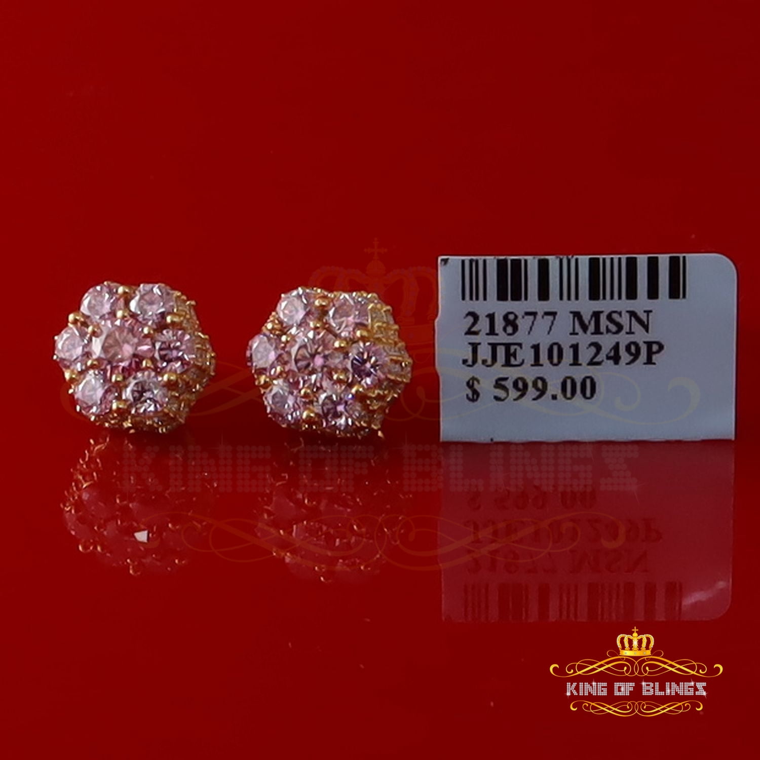 King of Bling's Men/Women's 925 Silver Yellow 2.50ct VVS D Pink Moissanite Floral Stud Earrings