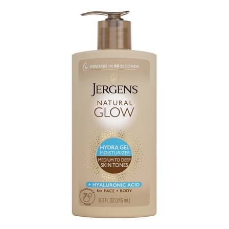 Jergens Natural Glow Hydra Gel Moisturizer, Hyaluronic Acid Tanning Lotion, Medium to Deep, 8.3 Fl Oz