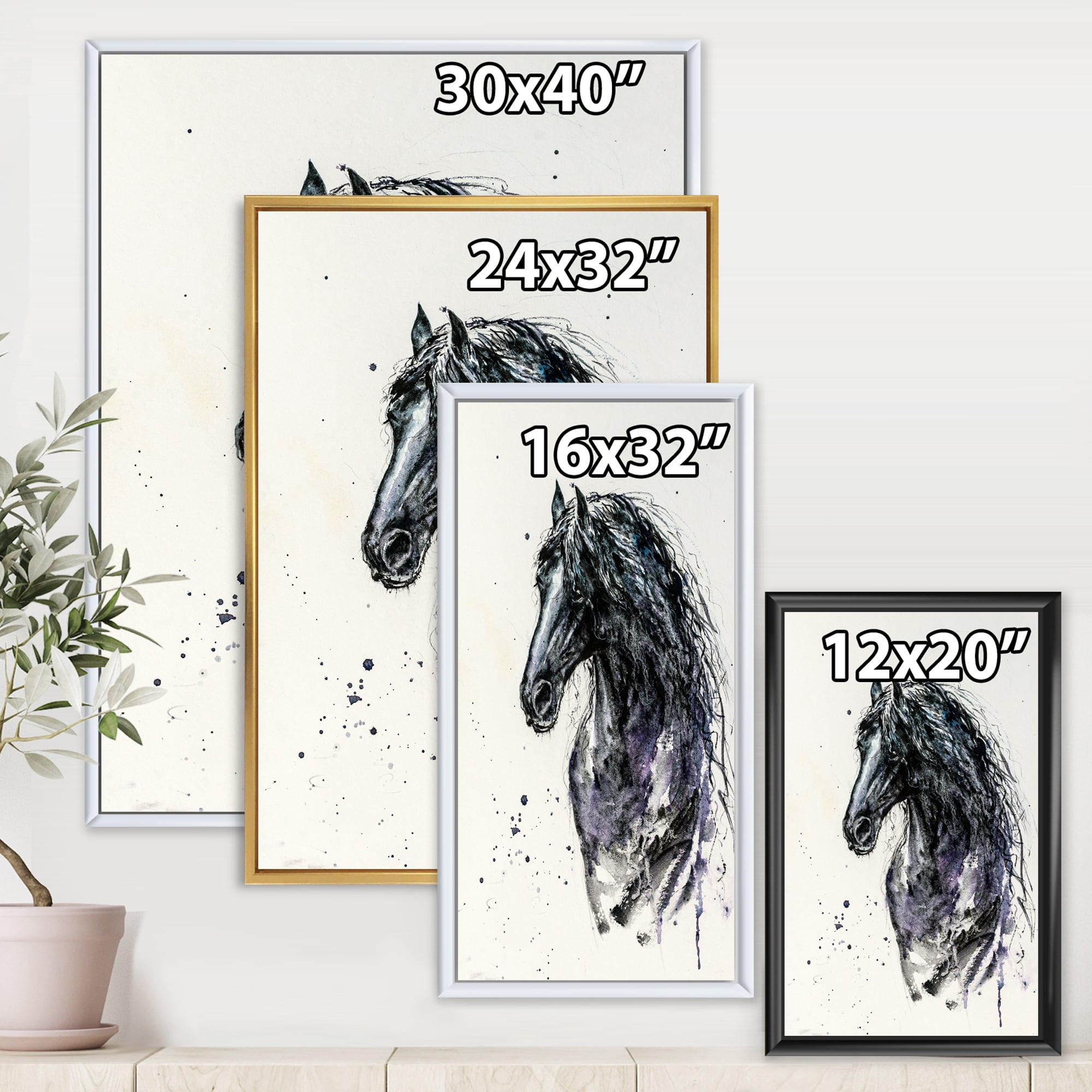 Designart 'Close Up of Friesian Horse With Long Manes' Farmhouse Framed Canvas Wall Art Print