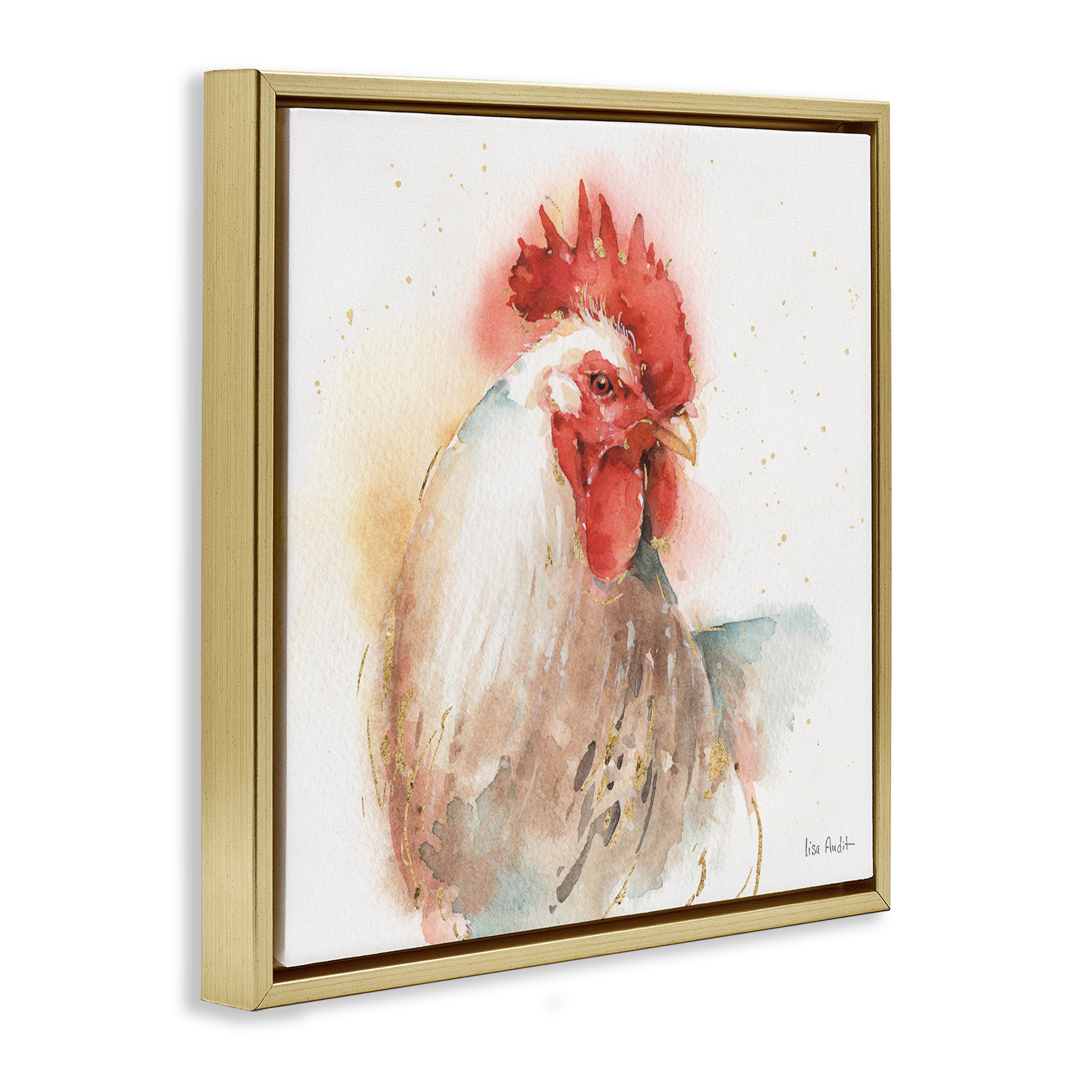 Stupell Industries Hen with Watercolor Splash Animals & Insects Painting Gold Floater Framed Canvas Art Print Wall Art, 18 x 18