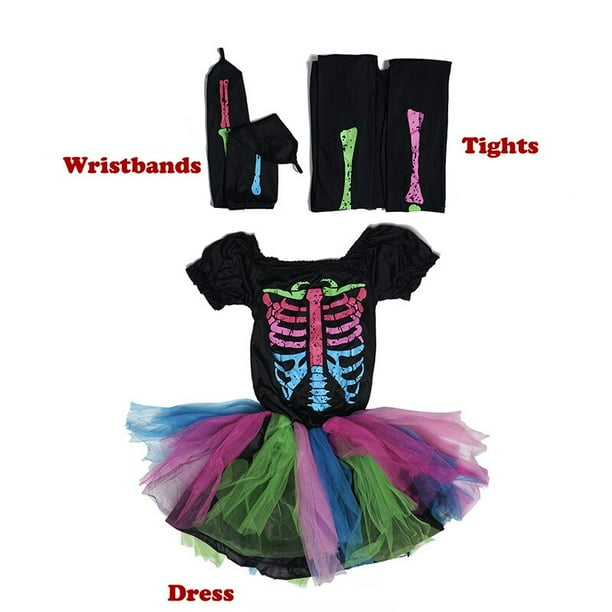 Disfraz de esqueleto de arcoíris para niña, disfraz de Cosplay de hueso Punky Funky para niños, accesorios de actuación de escenario para fiesta de Halloween