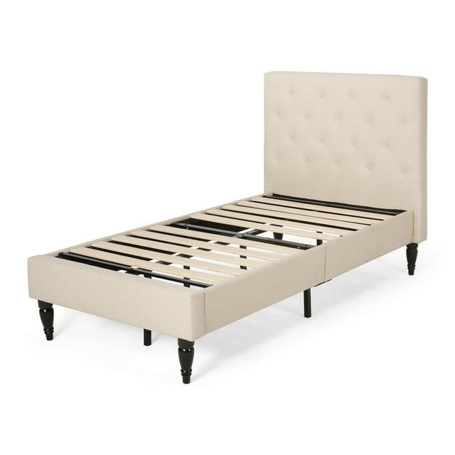 Lera Contemporary Upholstered Twin Bed Platform, Beige and Black