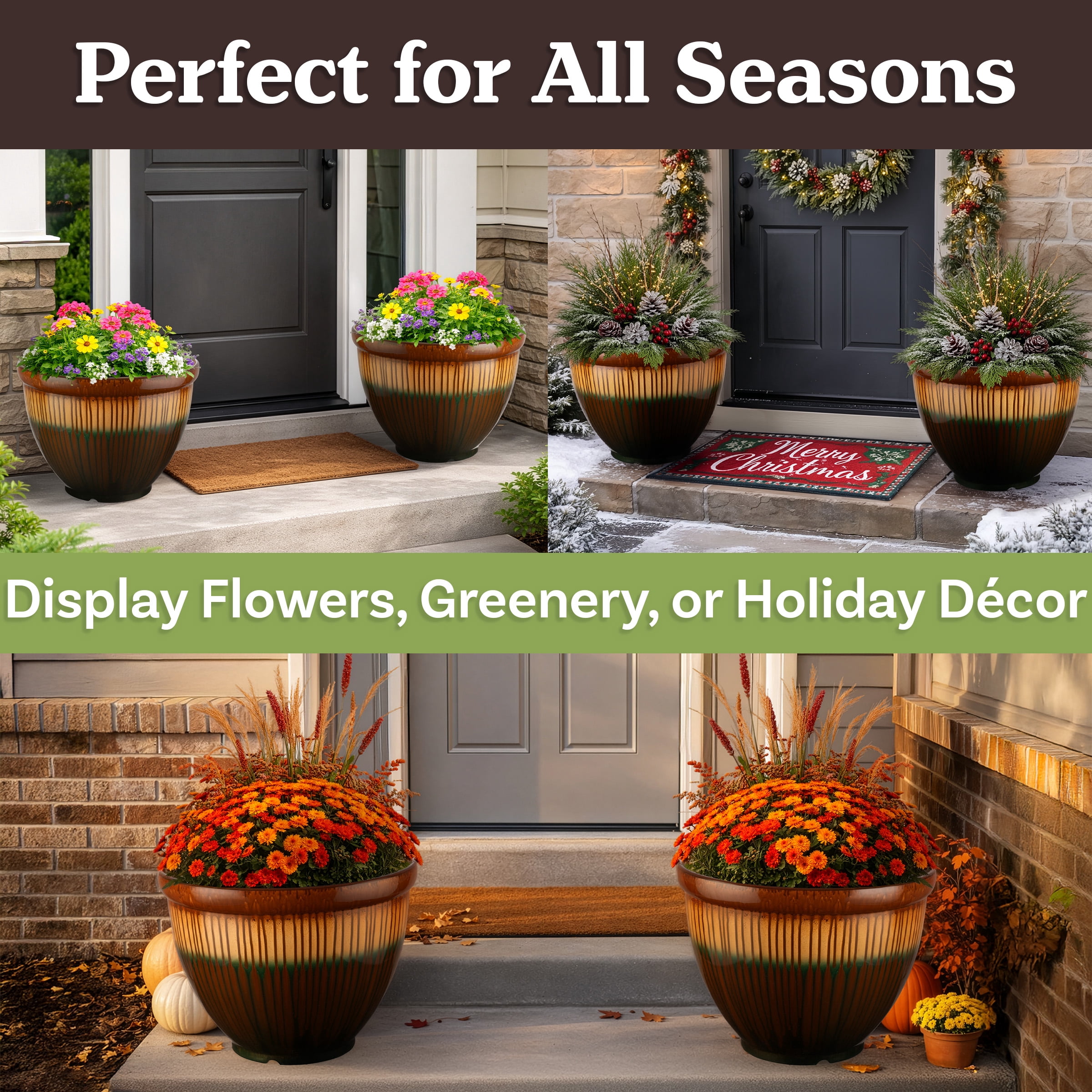 Pure Garden 13.7” Large Plastic Plant Pot with Glazed Ceramic Look for Indoors or Outdoors, Bronze